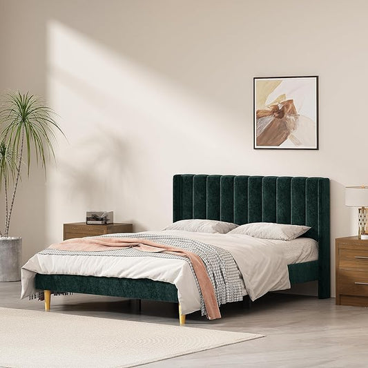 Queen Size Upholstered Platform Bed Frame with Modern Wingback & Vertical Panel Headboard, Velvet Fabric, Wooden Legs & Slats Support, No Box Spring Needed, Noise-Free & Easy Assembly, Ink Green