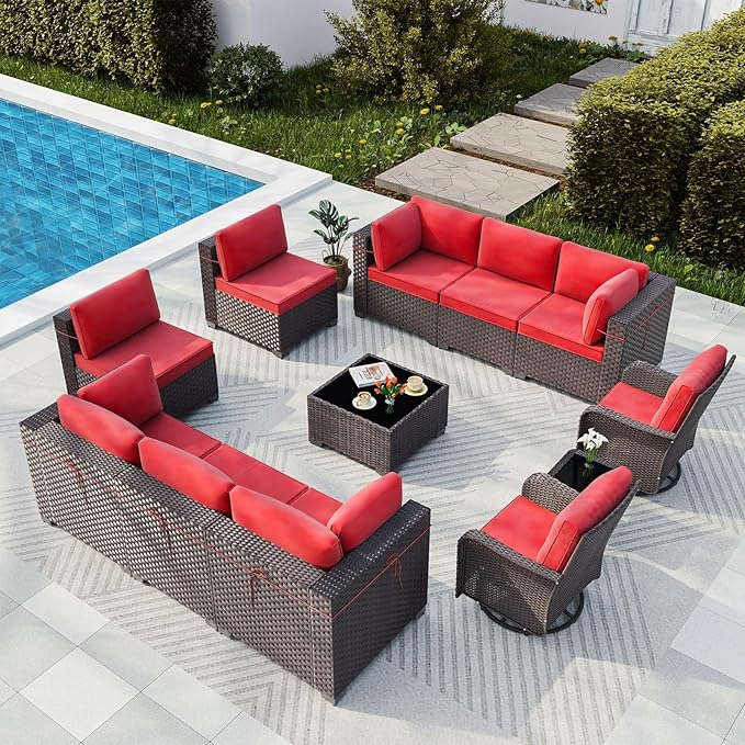 Gotland 12 Pieces Patio Furniture Set with Swivel Chair, PE Rattan Outdoor Furniture with 29.5'' High Backrest 4’’ Thick Cushions Coffee Table, Patio Set for Porch, Deck, Backyard, Red