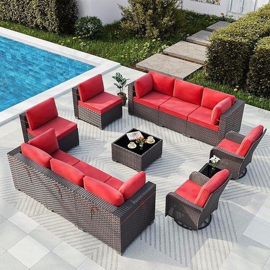 Gotland 12 Pieces Patio Furniture Set with Swivel Chair, PE Rattan Outdoor Furniture with 29.5'' High Backrest 4’’ Thick Cushions Coffee Table, Patio Set for Porch, Deck, Backyard, Red