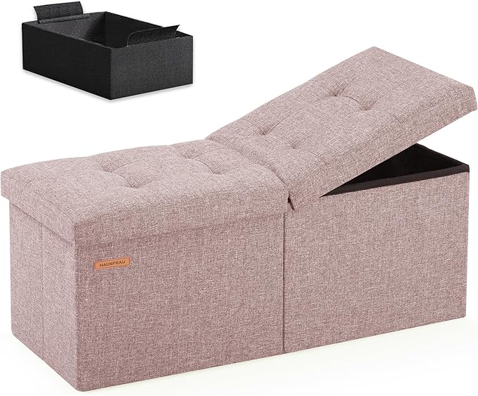 HAUSFRAU 31.5 Inches Ottoman with Storage Bench, Folding Ottoman Bench Small Foot Rest Stool, Bedroom Bench with Flipping Lid, Linen Nude