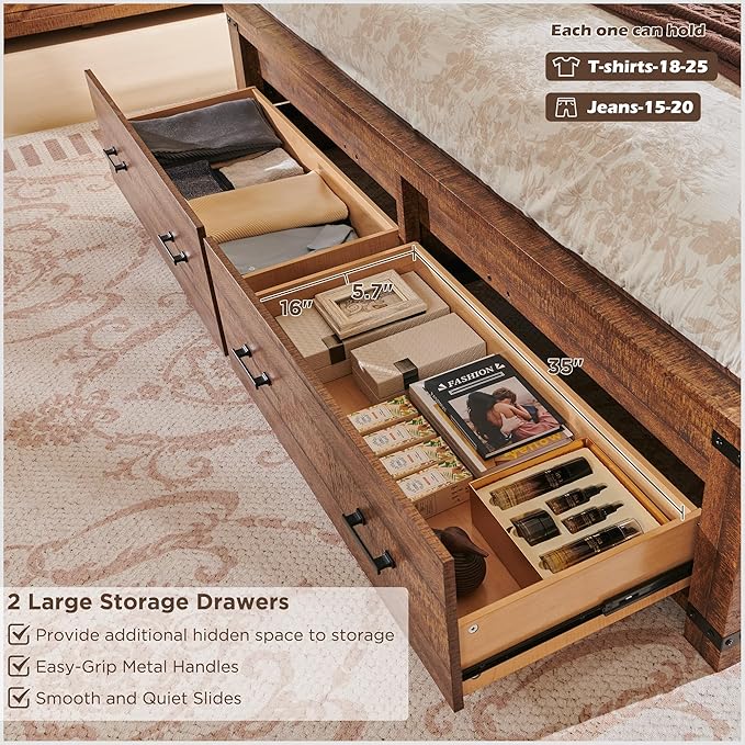 RedLemon Farmhouse King Size Bed Frame w/ 54" Tall Geometric Headboard, Rustic Wood Platform Bed w/ 2 Large Storage Drawers, Wood Slats Support, Noise Free, No Box Spring Needed, Reclaimed Barnwood