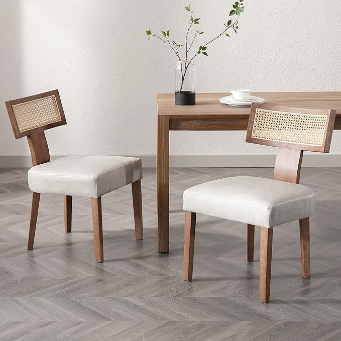 Rattan Dining Chairs Set of 2, Mid-Century Modern Dining Chair, Kitchen Dining Room Chairs, Curved Cane Back Upholstered PU Leather Dining Chairs with Wood Frame, Grey