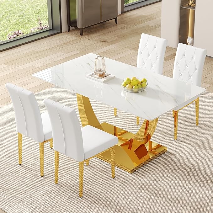 63" Modern Dining Table Set for 4, White Dining Room Set for 4, Tempered Glass Kitchen Table and PU Leather Chairs, Marble Pattern Top with Sturdy Gold Chrome Base