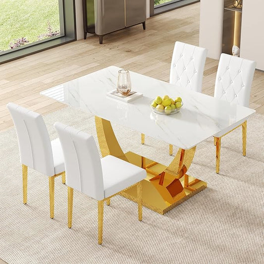 63" Modern Dining Table Set for 4, White Dining Room Set for 4, Tempered Glass Kitchen Table and PU Leather Chairs, Marble Pattern Top with Sturdy Gold Chrome Base