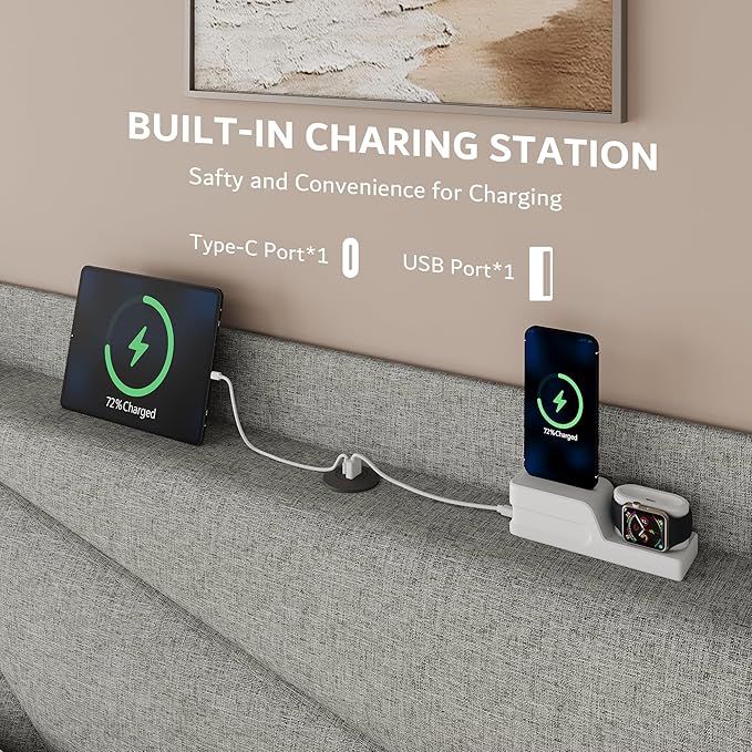 iPormis Queen Size Bed Frame with Charging Station, Linen Platform Bed Frame with Wingback Headboard Upholstered Bedframe, Solid Wood Slats Support, No Box Spring Needed, Easy Assembly, Light Grey