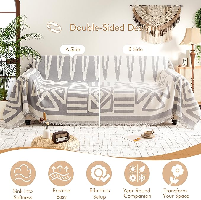 Couch Cover for 2-3 Cushion Couch Sofa Pet Friendly, Boho Sectional L Shaped Sofa Cover Washable for Dogs Cats Kids, Leather Furniture Protector Slipcover Decor for Living Room, 71"x118"