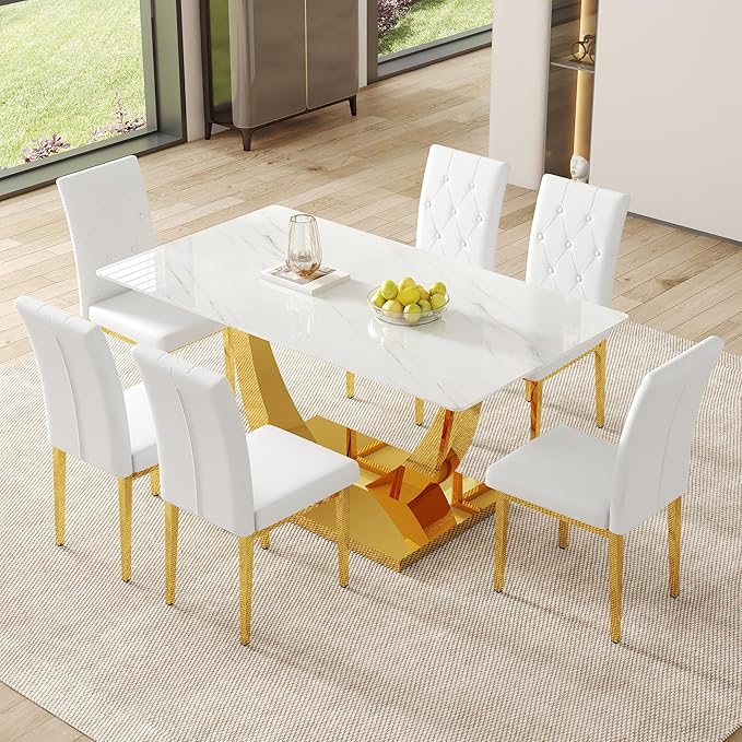 63" Modern Dining Table Set for 6, White Dining Room Set for 6, Tempered Glass Kitchen Table and PU Leather Chairs, Marble Pattern Top with Sturdy Gold Chrome Base