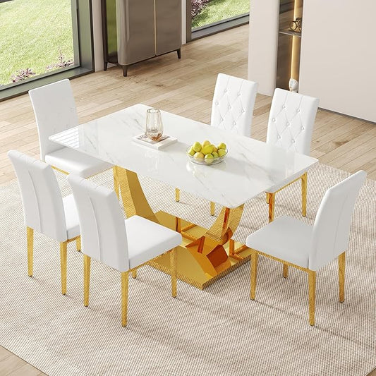 63" Modern Dining Table Set for 6, White Dining Room Set for 6, Tempered Glass Kitchen Table and PU Leather Chairs, Marble Pattern Top with Sturdy Gold Chrome Base