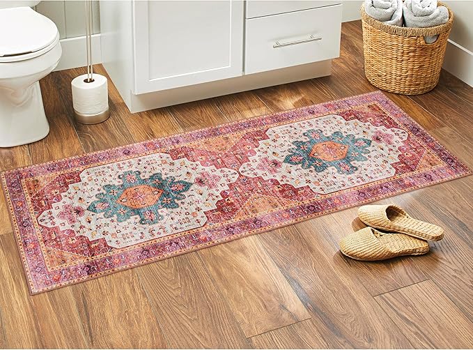 Moynesa Ultra-Thin Washable Runner Rug - Pink 2x5 Bathroom Rug Low Pile Hallway Rug Runner, Non Slip Pet Friendly Indoor Floor Carpet Runner for Kitchen Living Room Bedside Laundry Room