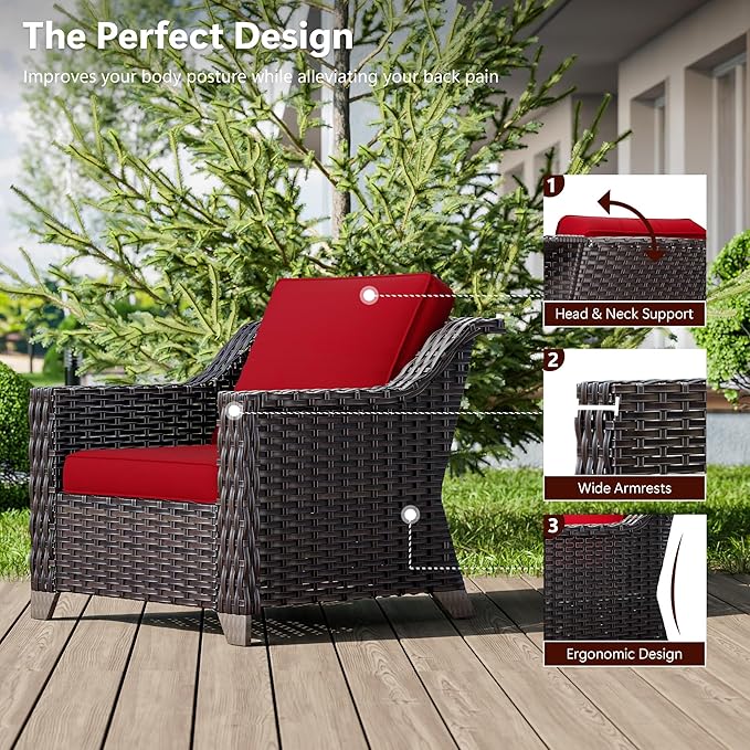 5 Pieces Wicker Patio Furniture, Luxury Outdoor Conversation Sets with 2 Patio Rattan Chair, 3-Seater Sofa, 2 Patio Ottoman, Wide Armrest, Thickened Cushions, Ideal for Deck, Porch Use