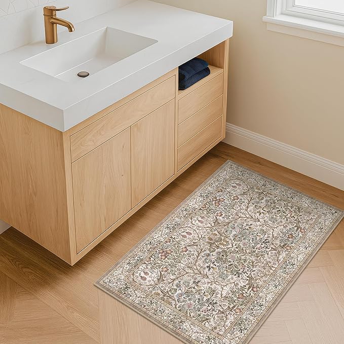 Moss Green Washable 2x3 Entry Rug - Front Door Rugs Indoor, Vintage Floral Style Small Rug for Kitchen, Bathroom, Non-Slip Boho Vintage Dark Taupe Entryway Décor