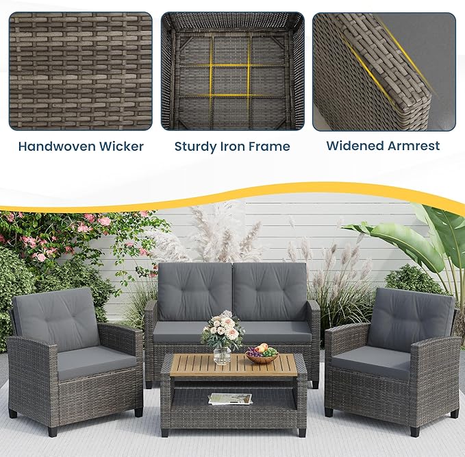 Wisteria Lane 4 Piece Patio Furniture Set, Wicker Outdoor Patio Conversation Furniture Set, All Weather Outdoor Patio Sofa with Cushion and Glass Table, Gray Wood
