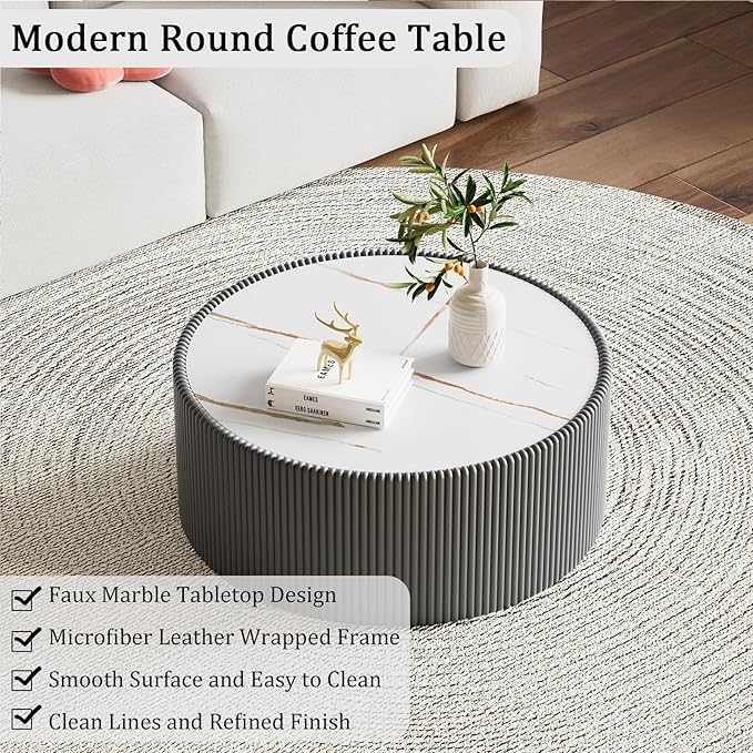 Round Coffee Table Set with Sintered Stone Tabletop, 29.52" Grey Drum Center Table and 17.71" Grey Coffee Table Set, 2 Pieces Living Room Table Set with Fluted PU Leather Cover& Stable Base