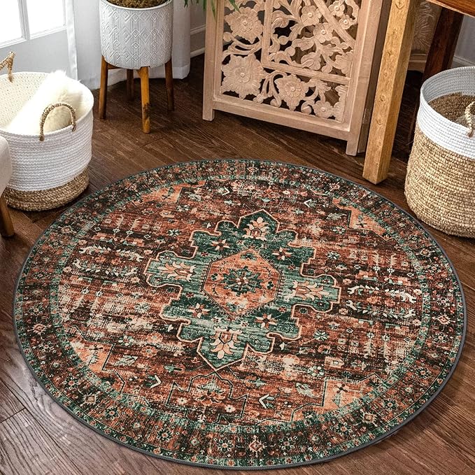 Moynesa Ultra-Thin Washable Round Rug - 3Ft Brown Entryway Rug Low Pile Bathroom Circle Mat, Non Slip Non Shedding Indoor Kitchen Floor Accent Carpet for Bedroom Living Room Foyer Doorway