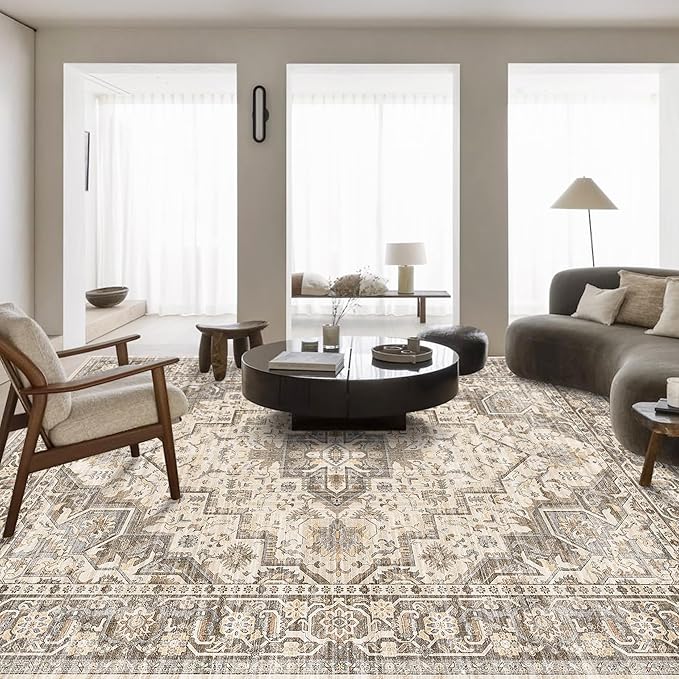 Machine Washable Soft Area Rug 8x10 Rugs with Non Slip Backing for Living Room, Bedroom, Bathroom,Printed Vintage Home Decor, Floor Decoration Carpet Mat (Coffee Beige 8x10)…