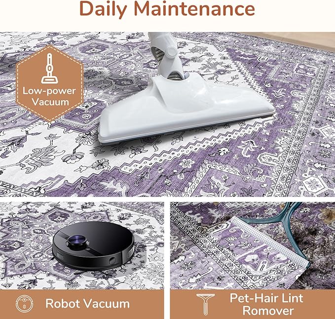 OPPODREAM Thin 8x10 Area Rugs, Washable Rugs 8x10 with Non Slip Backing, Faux Cashmere Low-Pile 8 x 10 Carpet, Purple