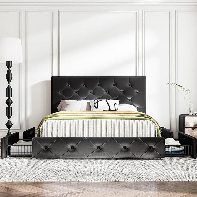MUTICOR Queen Size Bed Frame with 4 Storage Drawers, Upholstered Platform Bed with Button Tufted Adjustable Headboard, No Box Spring Needed, Easy Assembly, Diamond Tufted, Black Leather