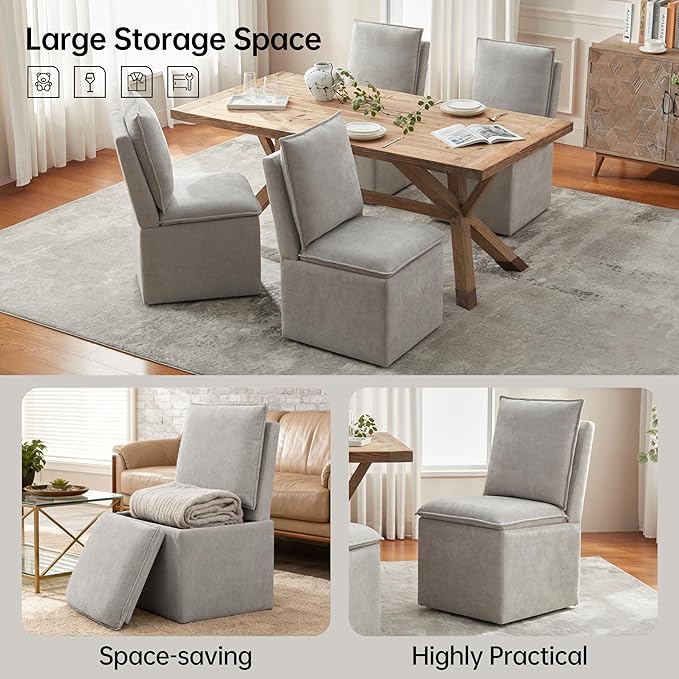 VKNOW Upholstered Dining Chairs Set of 2, Modern Rolling Chairs with Storage and Wheels, Linen Armless Chair with Cushion and Backrest, Dining Room Chairs for Living Room Kitchen Bedroom, Light Grey