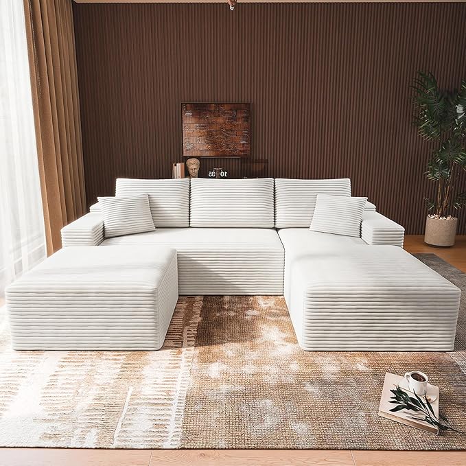 3-Piece Boneless Modular Sectional Sofa, Cloud Couch, Right Facing Chaise with Ottoman, Oversized Deep Seat, Soft Corduroy Fabric, Sectional Couch for Living Room-White