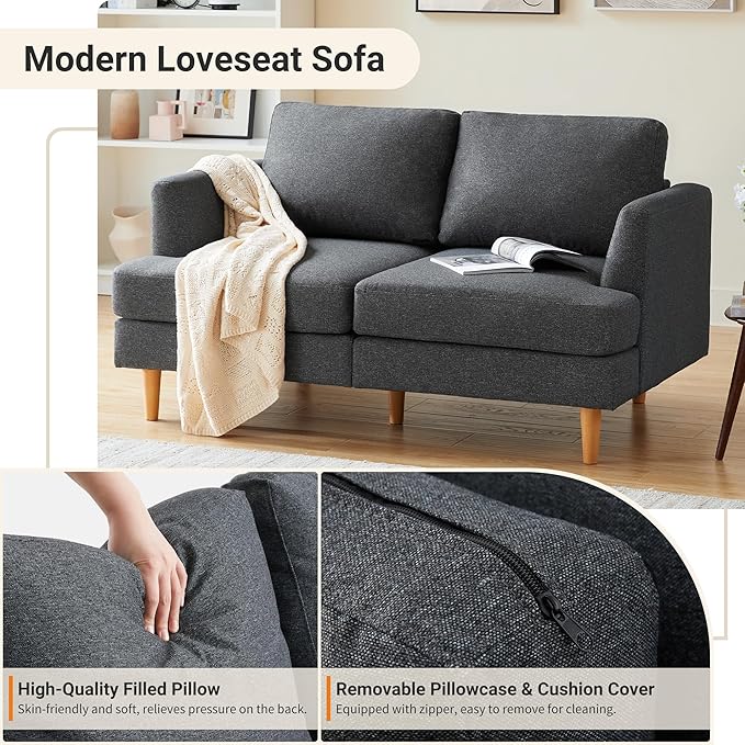 Loveseat Sofa 56" Mid Century Modern Small Couches for Small Spaces Love Seat with 2-Seat Upholstered Cushion Sofa Couches for Bedroom, Living Room, Apartment (Dark Grey)