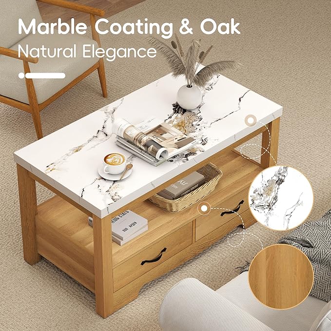 Coffee Table 40" Faux Marble 2-Tier Modern Wooden Rectangle Center Table with Drawers for Living Room, Conference Room, Thickened Top, Small Space Home Furniture (Natural Oak with Storage)