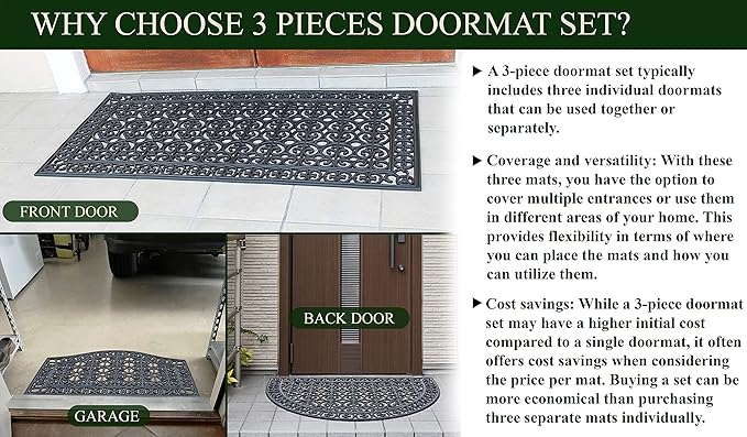 A1HC 3 Pieces Set Rubber Grill Matching Doormat, for Front, Patio & Garage Entrance, Scrapes Shoes Clean of Dirt & Grime, Heavy Duty for Indoor Outdoor 3-Pieces(Complete Home Set 24x39, 24x57, 30x60)