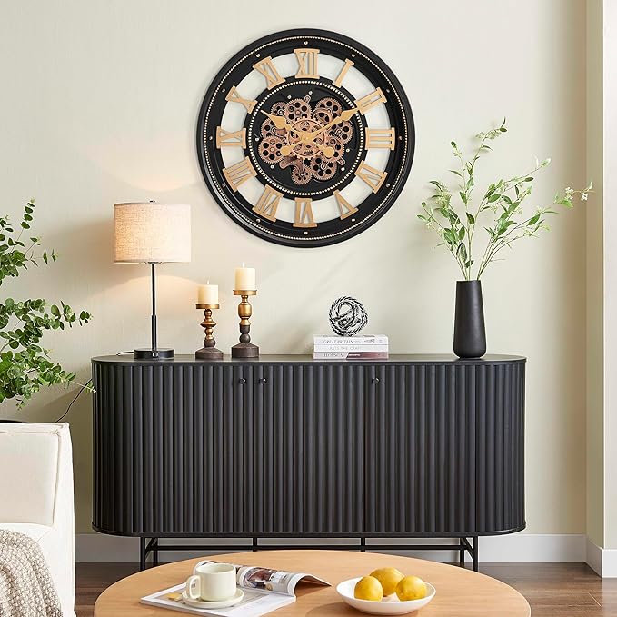 CLXEAST 24 Inch Wall Clock with Moving Gears, Large Roman Numeral Gear Clock for Living Room Decor,Modern Black& Gold Finish,House Warming Gifts New Home