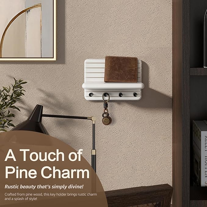 Rebee Vision Small Key Holder Wall Mount for Home Storage – Stylish 7-Inch Key Holder for Wall with 4 Hooks & Mini Floating Shelf - Beautify Your Entryway, Living Room, Bedroom Decor (White)