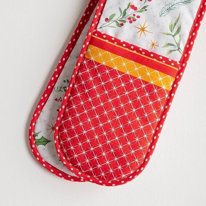 Maison d' Hermine Double Oven Mitt (7" x 35") 100% Cotton Heat Resistant BBQ Cooking Gloves with Loop for Thanksgiving Christmas Decorations Baking Cooking Handling Hot Pan (Poinsettia Christmas)