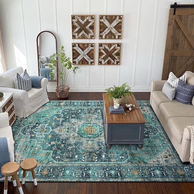 Moynesa Ultra-Thin Washable Vintage Area Rug - 6x9 Teal Large Dining Room Rug for Bedroom, Non-Shed Living Room Mat, Indoor Oriental Medallion Hardwood Floor Carpet for Office Home Decor