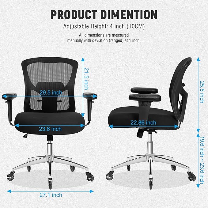 Bigroof Big and Tall Office Chair 600lbs, Heavy Duty Ergonomic Mesh Chair, Computer Executive Desk Chair with Wide Thick Seat, Adjustable Armrests, Lumbar Support