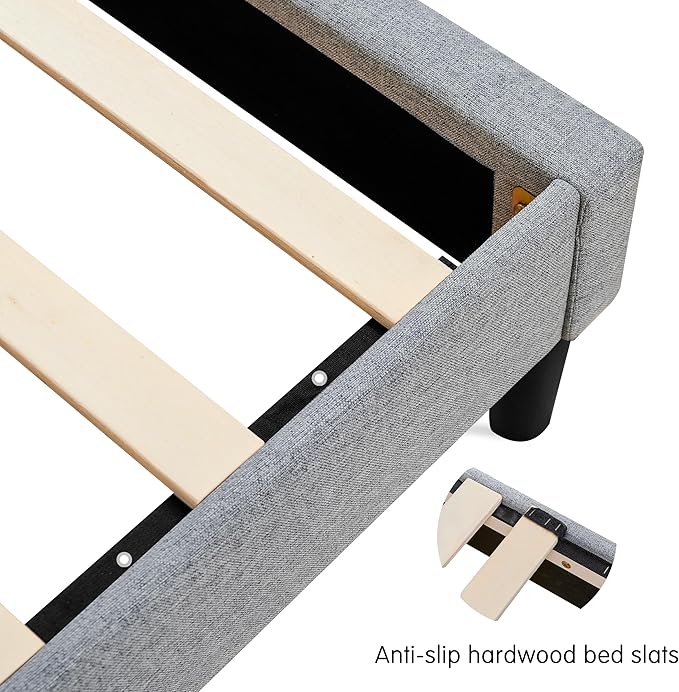 Hokway Bed Frame Upholstered Platform Bed with Headboard Wooden Slat Support No Box Spring Needed(Twin, Light Gray)