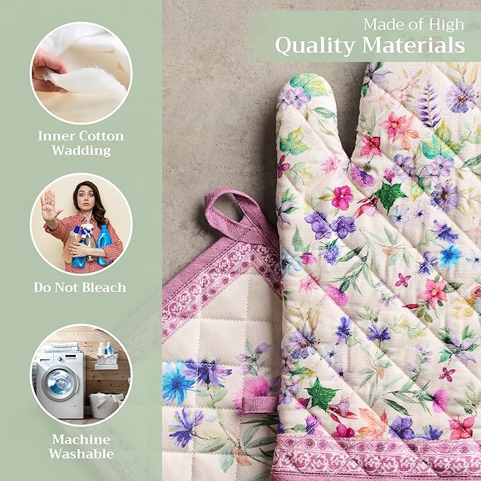 Maison d' Hermine 100% Cotton Oven Mitt & Pot Holder Set (7.5"x13" & 8"x8") Heat Resistant BBQ Cooking Gloves with Loop, Baking, Grilling, Kitchen, Handling Hot Pans Spring/Summer (Chardon)