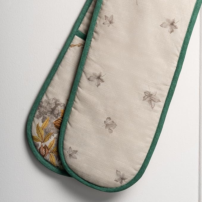 Maison d' Hermine Double Oven Mitt (7" x 35") 100% Cotton Heat Resistant BBQ Cooking Gloves with Loop for Thanksgiving Christmas Decorations Baking Cooking Barbeque Handling Hot Pan (Recolte)