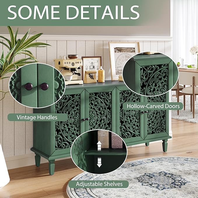 Retro 60'' Large Storage Cabinet Sideboard with 4 Hollow-Carved Doors and Adjustable Shelves, Acacia Wood Vintage Entryway Console Table TV Stand for Living Room Dining Room (Antique Green-LK)