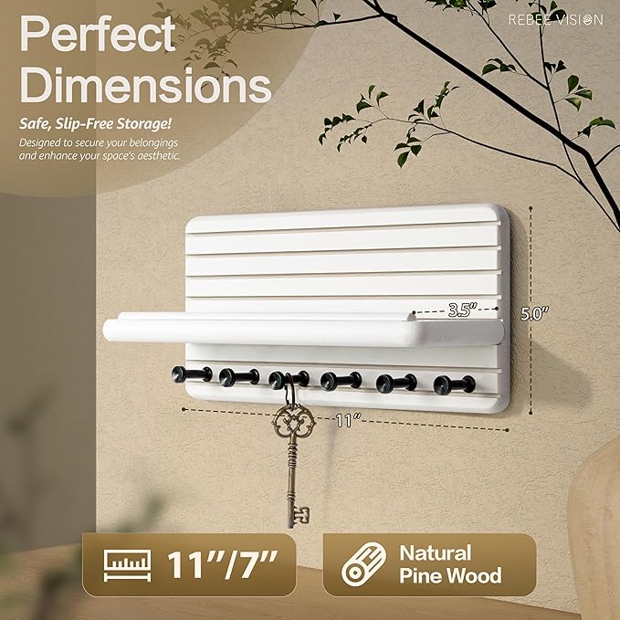 Rebee Vision Decorative Key Holder Wall Mount for Home Organization – 11-inch Pine Wooden Key Holder for Wall with 6 Hooks & Floating Shelf - Modern Farmhouse Home Decor (White)