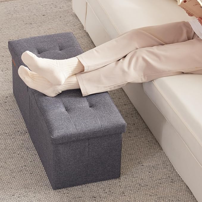 HAUSFRAU 31.5 Inches Ottoman with Storage, Folding Ottoman Bench Small Foot Rest Stool, Bedroom Bench with Flipping Lid, Linen Grey