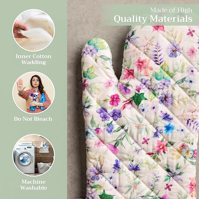 Maison d' Hermine Oven Gloves 100% Cotton Oven Mitt 7" x 13" with Loop Heat Resistant, BBQ, Cooking Gloves, Baking, Grilling, Kitchen, Handling Hot Pans Spring/Summer (Pack of 1, Chardon)