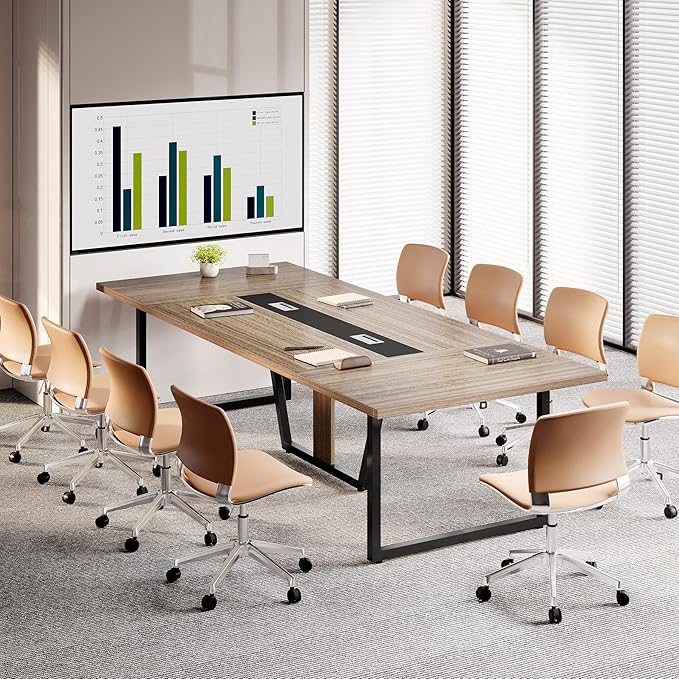 LITTLE TREE 8FT Conference Table for 10 People, Large Meeting Table, Modern Wooden Conference Room Table with Cable Management, Business Training Table with Strong Metal Legs for Office, Maple Color