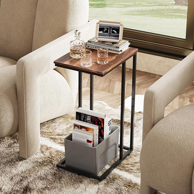 WLIVE Side Table, C Shaped End Table for Couch, Sofa and Bed, Large Desktop C Table for Living Room, Bedroom, Retro Brown and Black