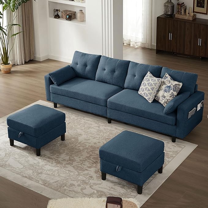 101" Convertible Sectional Sofa, Modern Linen Fabric U-Shaped Couch with 2 Storage Ottomans and Storage Pocket, 4 Seat Sofa Couches for Living Room, Apartment, Office, Blue