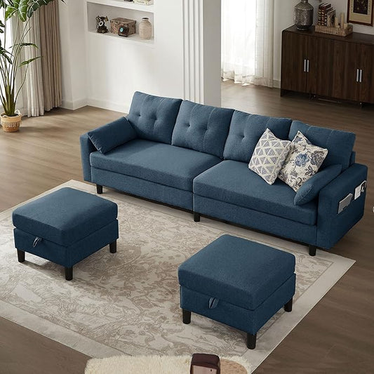 101" Convertible Sectional Sofa, Modern Linen Fabric U-Shaped Couch with 2 Storage Ottomans and Storage Pocket, 4 Seat Sofa Couches for Living Room, Apartment, Office, Blue
