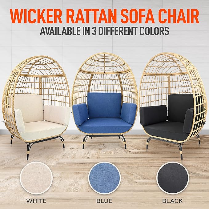 Jovial Wicker Rattan Egg Chair,Indoor Outdoor Blue Sofa Chair for Patio Backyard and Living Room with 4 Cushions and Powder Coated Steel Frame,Woven Texture Contemporary Ribbed Back Design