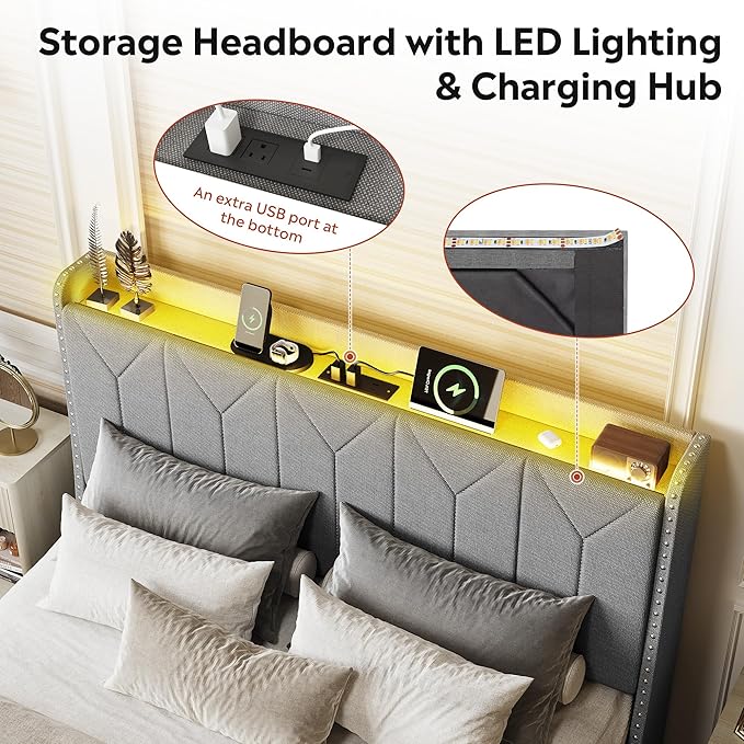 WLIVE Full Size Upholstered Bed Frame with 2 Drawers, Linen Tufted Storage Headboard with Charging Ports and LED Light,Sturdy Metal & Wooden Slats Support, No Box Spring Needed, Light Grey