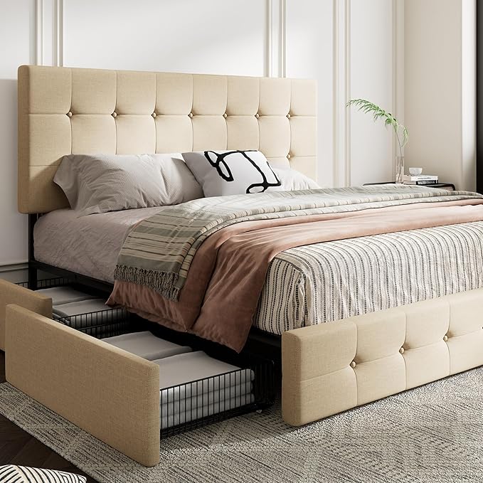 MUTICOR King Size Bed Frame with 4 Storage Drawers, Upholstered Platform Bed with Button Tufted Adjustable Headboard, No Box Spring Needed, Easy Assembly, Square Tufted, Beige Fabric