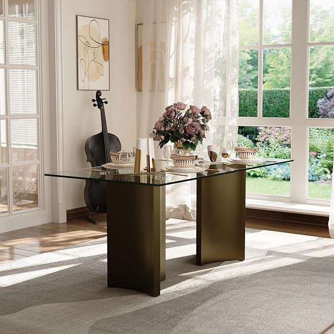 Asday 70 Inch Glass Dining Table with Bronze Base, Rectangular Dining Table for 6 People, Modern Brass Dining Room Table for Kitchen