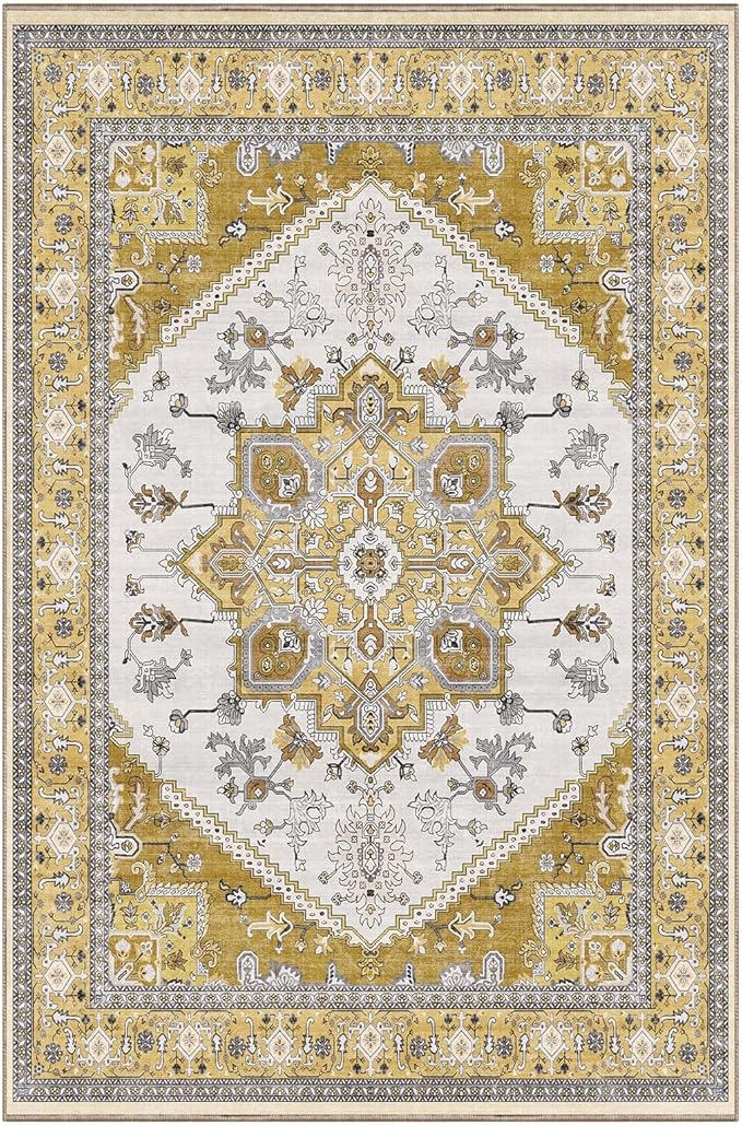 OPPODREAM Thin Area Rugs 4x6, Low-Pile Washable Rugs 4x6 with Non Slip Backing, Faux Cashmere 4 x 6 Throw Carpet, Yellow