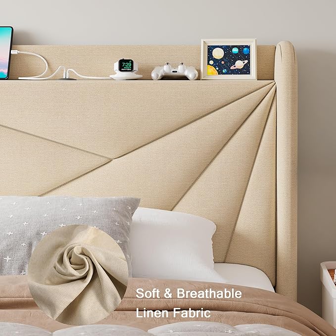 Twin Size Upholstered Bed Frame with Charging Station, Platform Bed Frame with Storage Headboard, Solid Wood Slats Support, No Box Spring Needed, Beige