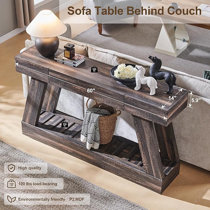 60" Farmhouse Entryway Table with Drawer, Entry Table with Storage, Sofa Table for Living Room, Behind Couch, Sofa(Dark Rustic Oak)