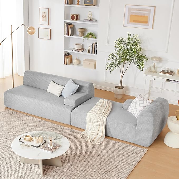 107” Modular Sectional Sofa, Boneless Couch Modern Sofa for Living Room, High Density Sponges Cloud Couch Sectional, L-Shape Couches for Living Room, LightGrey